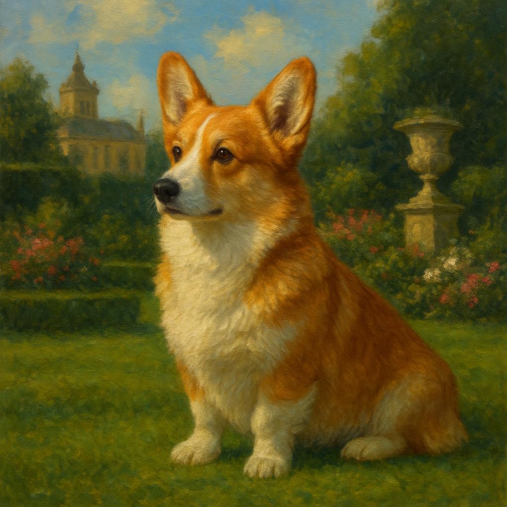 Pembroke Welsh Corgi in Royal English Garden No. 4 Fine Art Oil Painting - View 1
