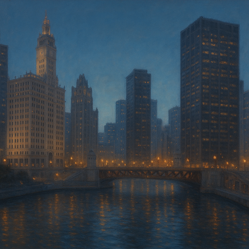 Chicago Riverfront Architecture at Blue Hour No. 12 Oil Painting - View 1