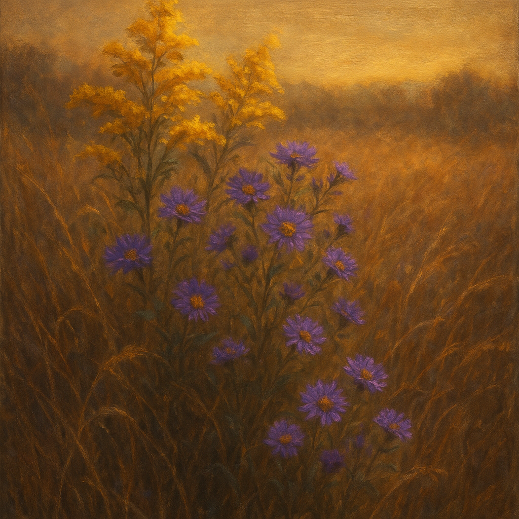 Goldenrod & Autumn Asters in Rustic Meadow Fine Art Oil Painting - View 1