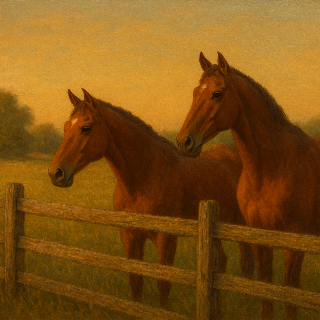 Two Horses at Rustic Post & Rail Fence No. 16 Oil Painting 100% Hand Painted Oil on Belgian Linen Canvas, Original Fine Art Wall Decor