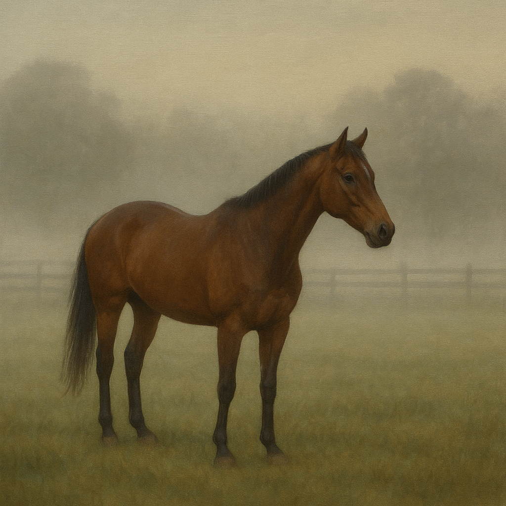 Thoroughbred in Morning Pasture Mist No. 16 Oil Painting - View 1