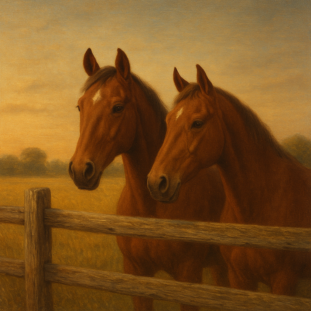 Two Horses at Rustic Post & Rail Fence No. 10 Oil Painting - View 1