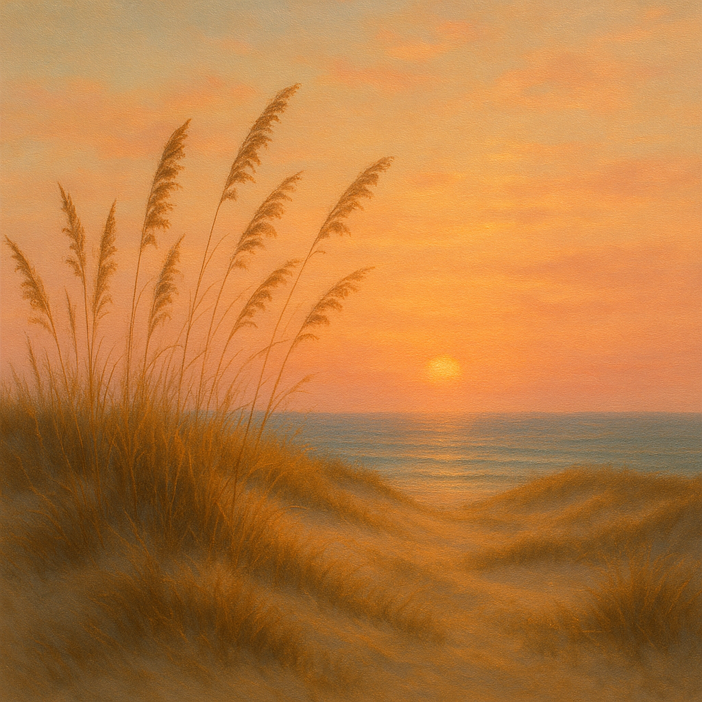 Sea Oats on Rolling Coastal Dunes at Sunset No. 15 Oil Painting - View 1