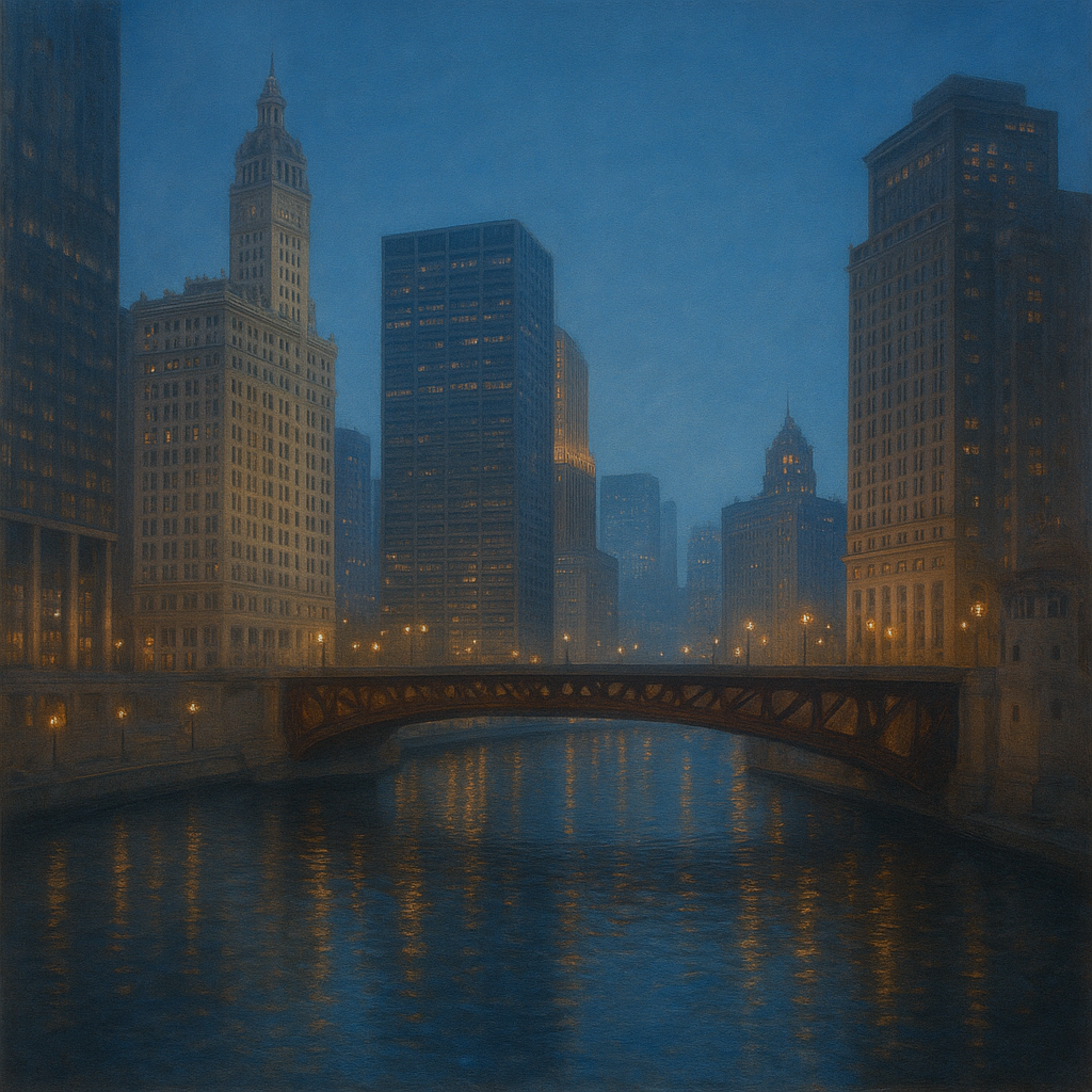 Chicago Riverfront Architecture at Blue Hour No. 6 Oil Painting - View 1