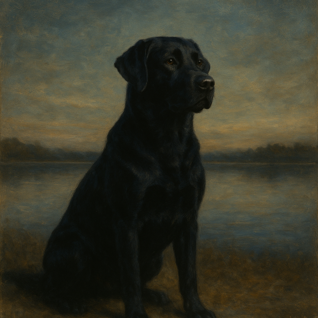 Black Labrador Retriever by Misty Lake Horizon No. 8 Fine Art Oil Painting - View 1