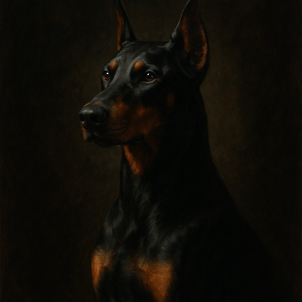 Alert Doberman Pinscher in Shadow & Light No. 4 Fine Art Oil Painting - View 1