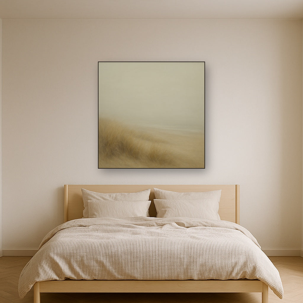 Silent Dune Grass in November Sea Fog No. 25 Oil Painting Staged Above Master Bed in Bedroom, Calming Neutral Hand Painted Oil Art