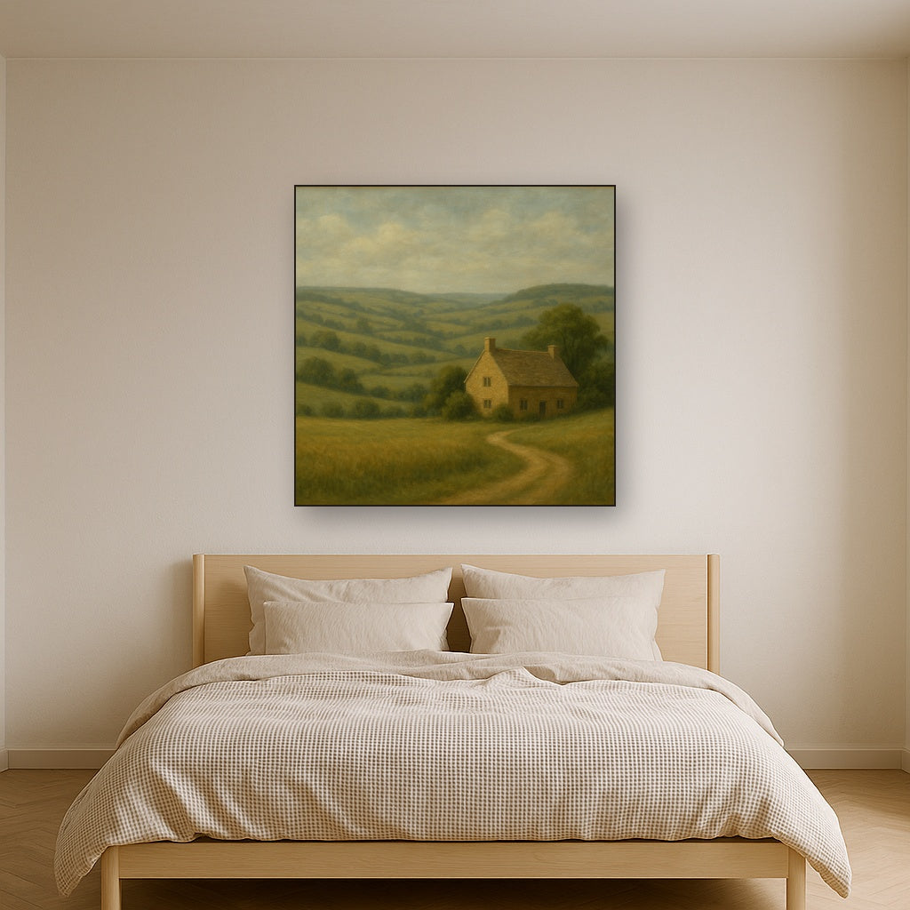 Rolling Cotswold Hills & Stone Cottage Oil Painting - View 3