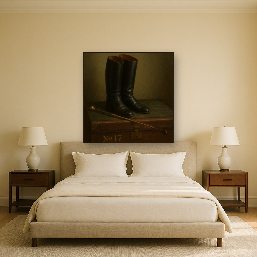 Vintage Riding Boots & Brass Crop on Trunk No. 17 Oil Painting Staged Above Master Bed in Bedroom, Calming Neutral Hand Painted Oil Art