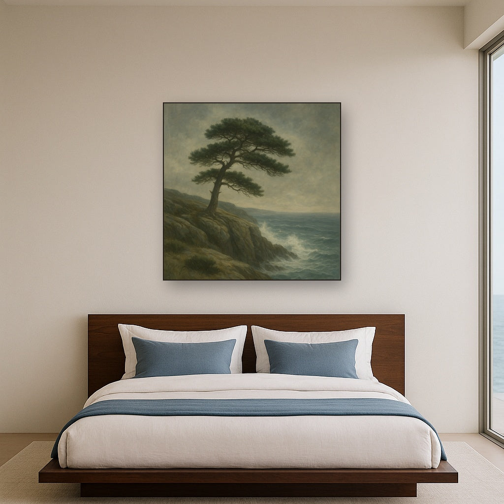 Wild Coastal Pine on Stormy Granite Cliff No. 10 Oil Painting Staged Above Master Bed in Bedroom, Calming Neutral Hand Painted Oil Art