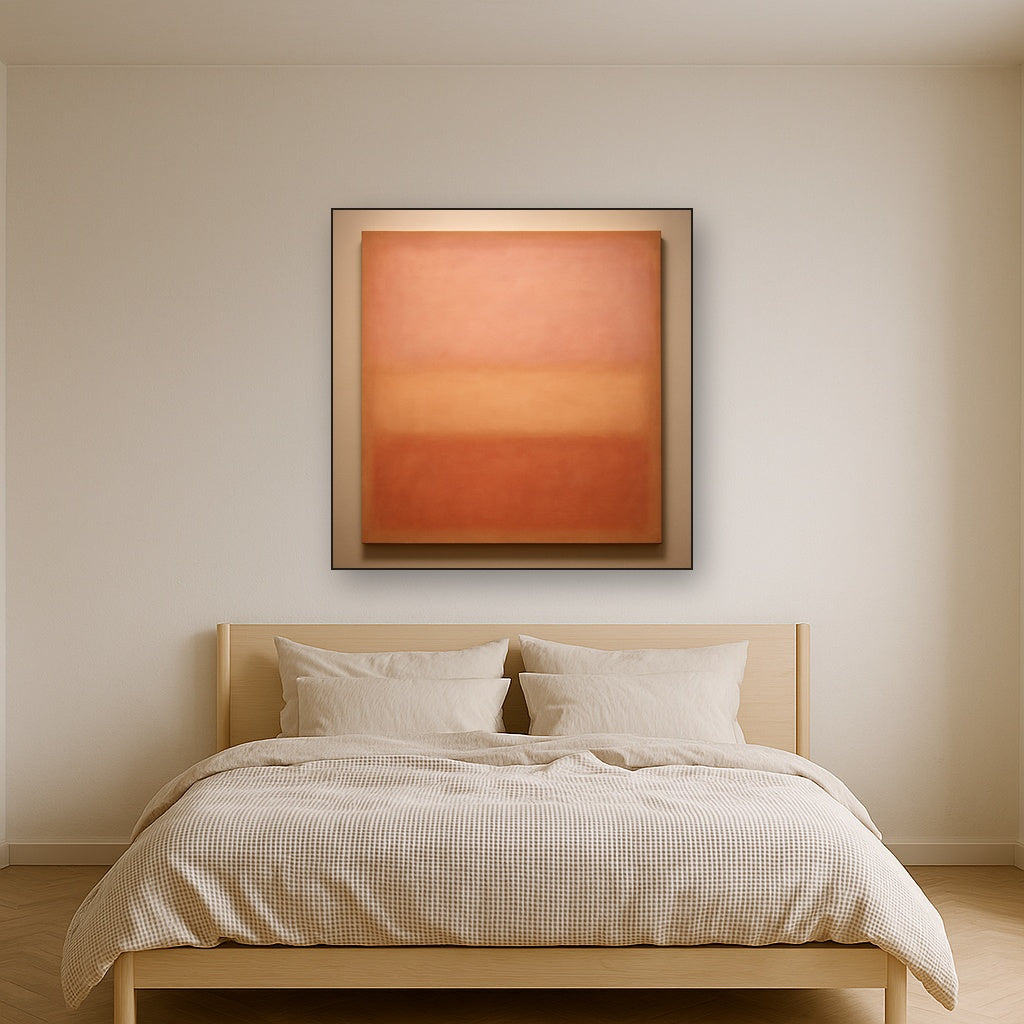 Blush Rose & Dusky Terracotta Ambient Glow No. 4 Oil Painting Staged Above Master Bed in Bedroom, Calming Neutral Hand Painted Oil Art