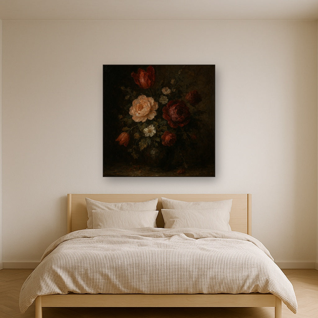 Dutch Golden Age Moody Floral Still Life No. 4 Oil Painting - Styled in Master Bedroom