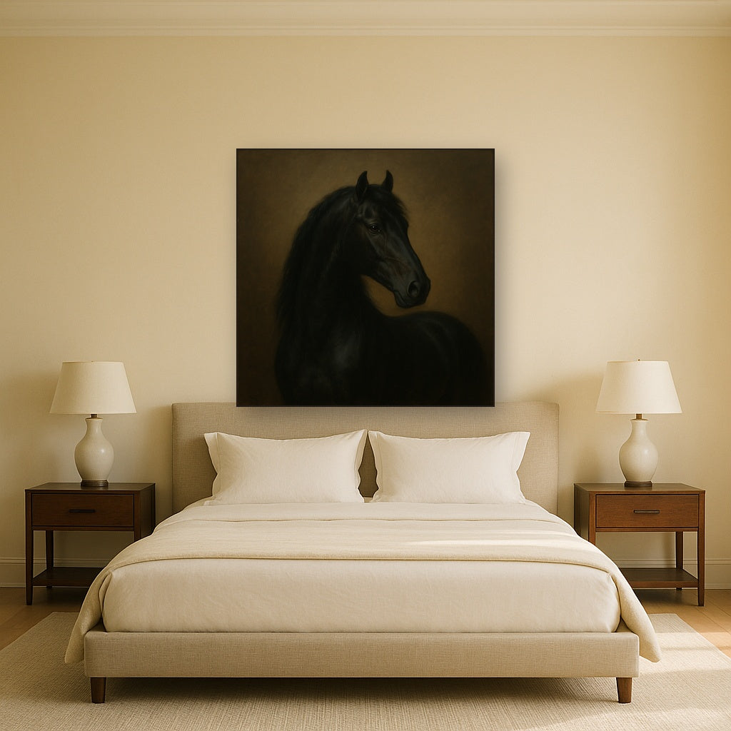 Dark Stallion Portrait in Classical Sfumato No. 10 Oil Painting Staged Above Master Bed in Bedroom, Calming Neutral Hand Painted Oil Art