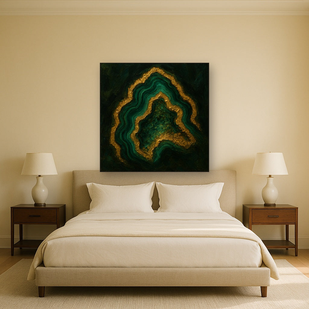 Forest Malachite & Gilded Geode No. 2 Oil Painting - Styled in Master Bedroom