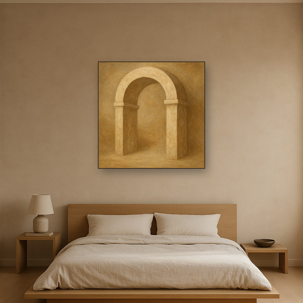 Travertine Stone Arch & Earth Tones No. 3 Oil Painting Staged Above Master Bed in Bedroom, Calming Neutral Hand Painted Oil Art