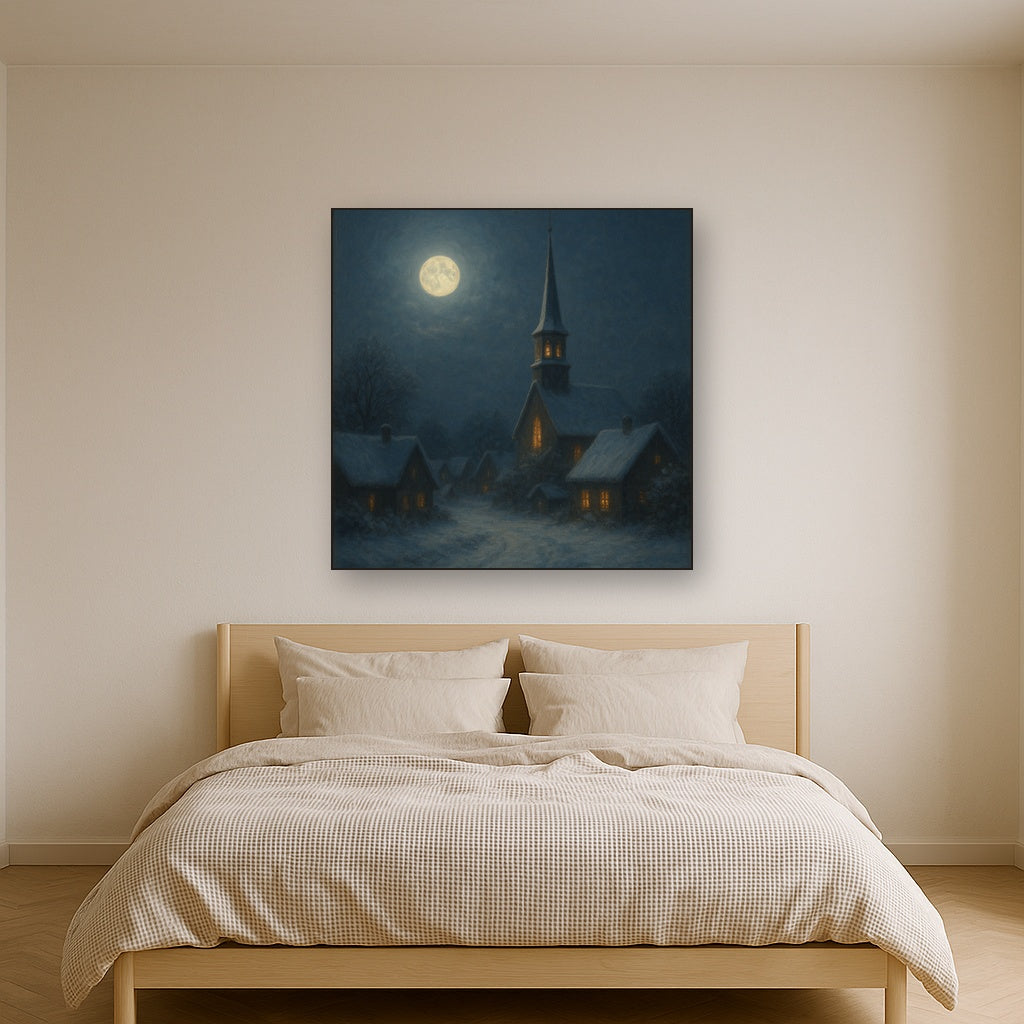 Moonlight Over Snowy Village Steeple No. 10 Oil Painting - View 3