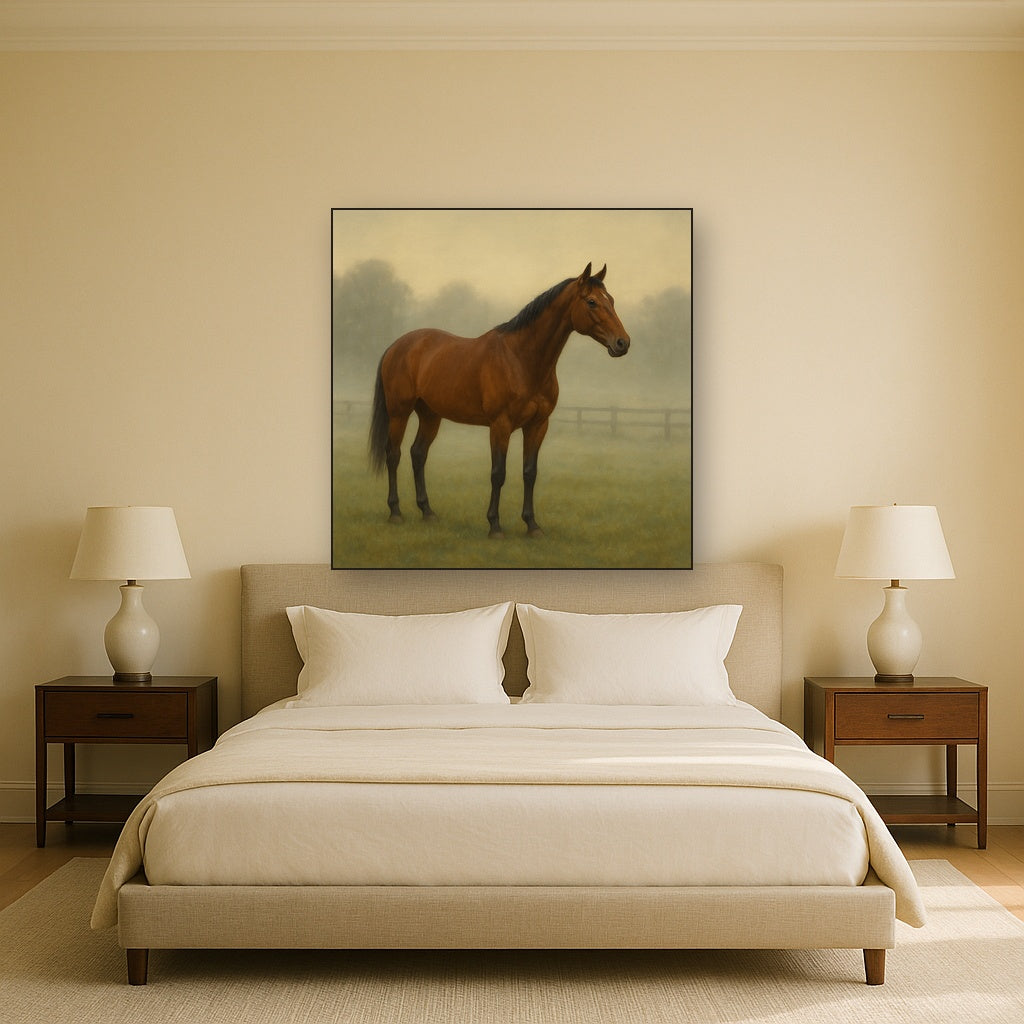 Thoroughbred in Morning Pasture Mist No. 11 Oil Painting - View 3