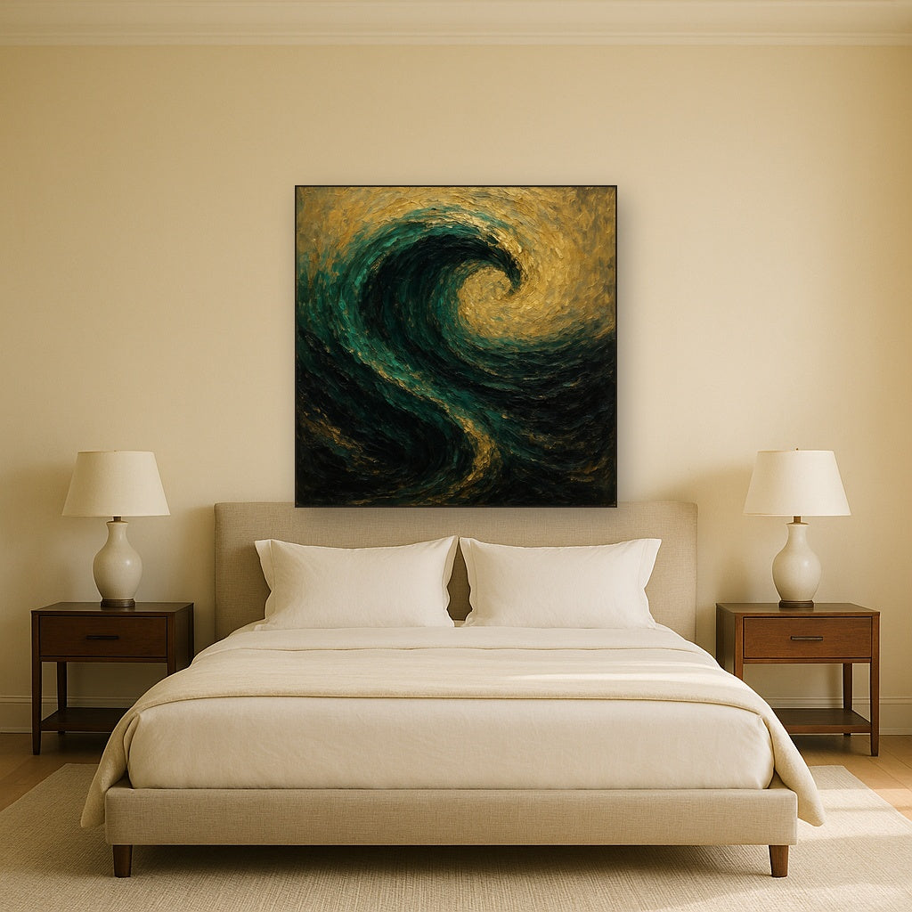 Deep Emerald & Obsidian Swell No. 3 Oil Painting - Styled in Master Bedroom
