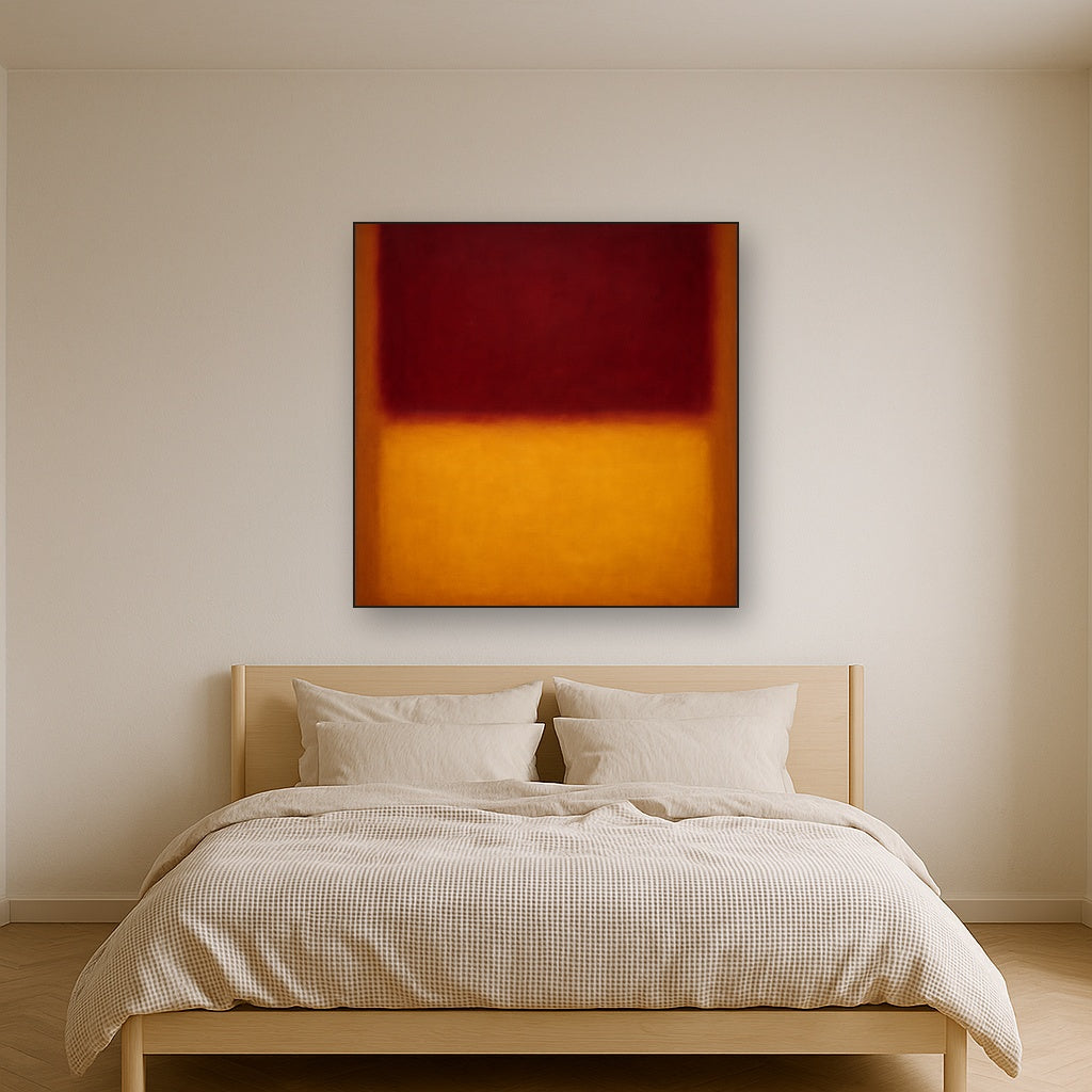 Crimson Burgundy & Saffron Gold Color Vibrations No. 26 Oil Painting Staged Above Master Bed in Bedroom, Calming Neutral Hand Painted Oil Art