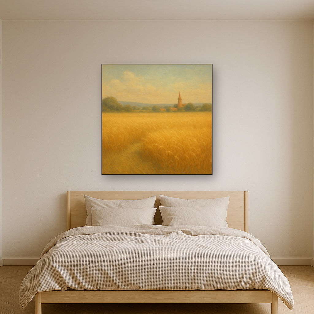 Sun-Drenched Wheatfield & Distant Village No. 8 Oil Painting Staged Above Master Bed in Bedroom, Calming Neutral Hand Painted Oil Art
