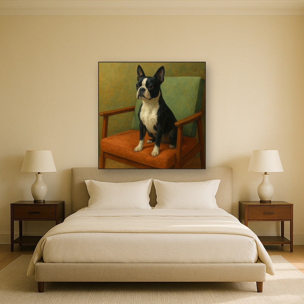 Boston Terrier in Warm Mid-Century Armchair No. 14 Fine Art Oil Painting - View 3