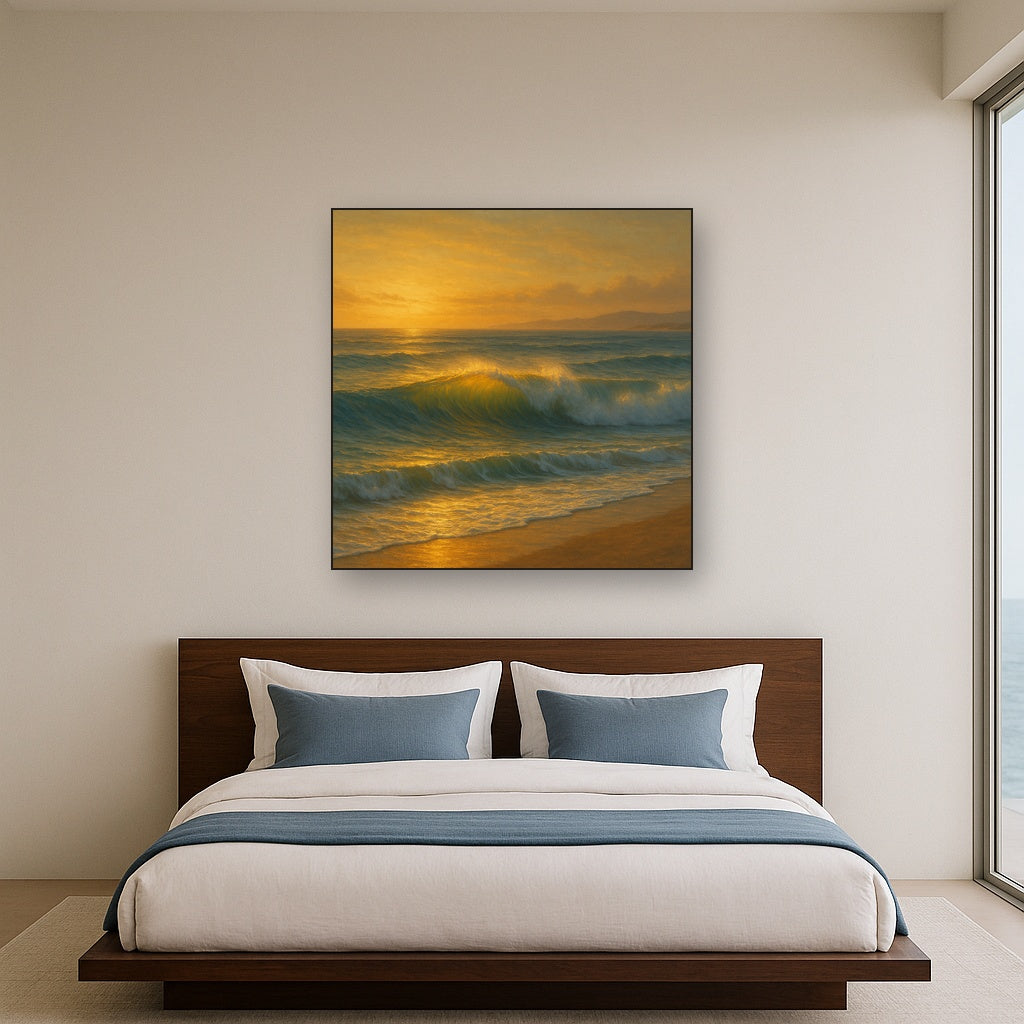 Golden Hour Sunlight on Ocean Swells No. 12 Oil Painting Staged Above Master Bed in Bedroom, Calming Neutral Hand Painted Oil Art