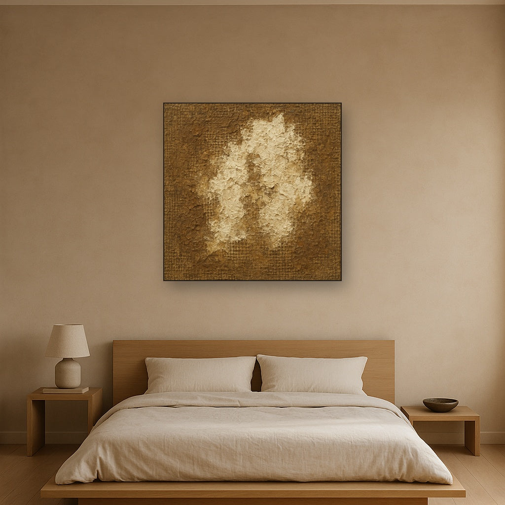 Aged Linen & Burlap Weave Earthy Oil Painting - Styled in Master Bedroom