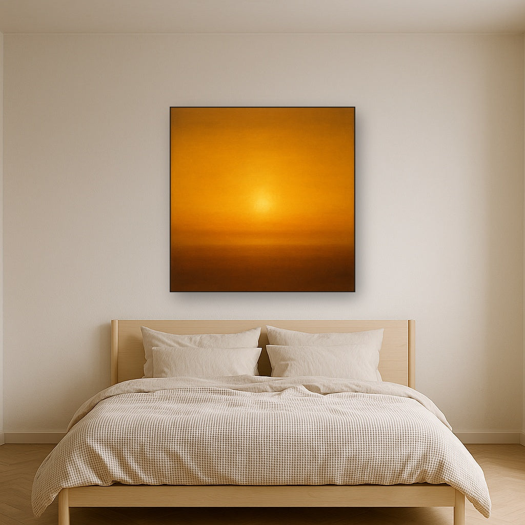 Warm Amber & Raw Sienna Sunset Meditation No. 4 Oil Painting Staged Above Master Bed in Bedroom, Calming Neutral Hand Painted Oil Art
