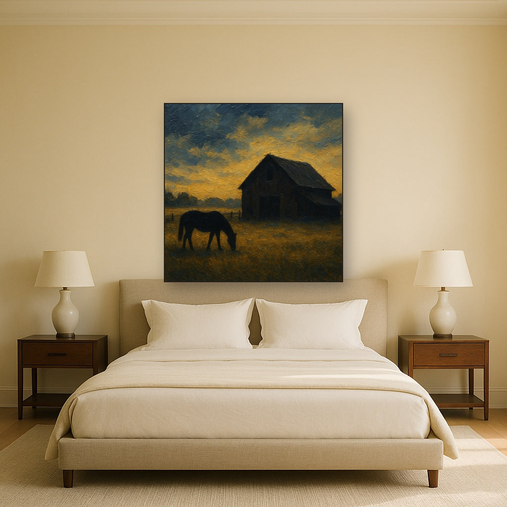 Rustic Equestrian Stable Silhouette No. 2 Oil Painting - Styled in Master Bedroom
