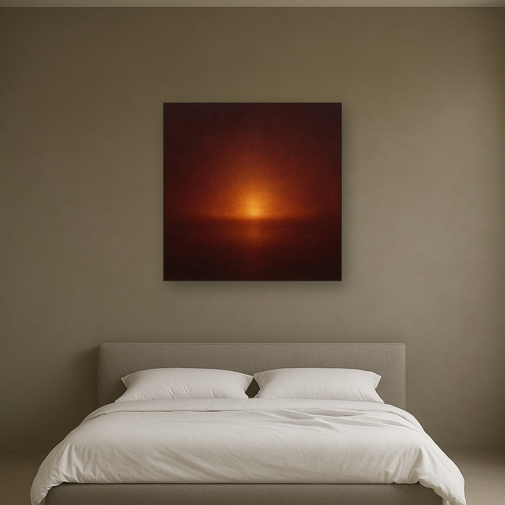 Deep Garnet & Amber Candlelight Horizon No. 9 Oil Painting Staged Above Master Bed in Bedroom, Calming Neutral Hand Painted Oil Art
