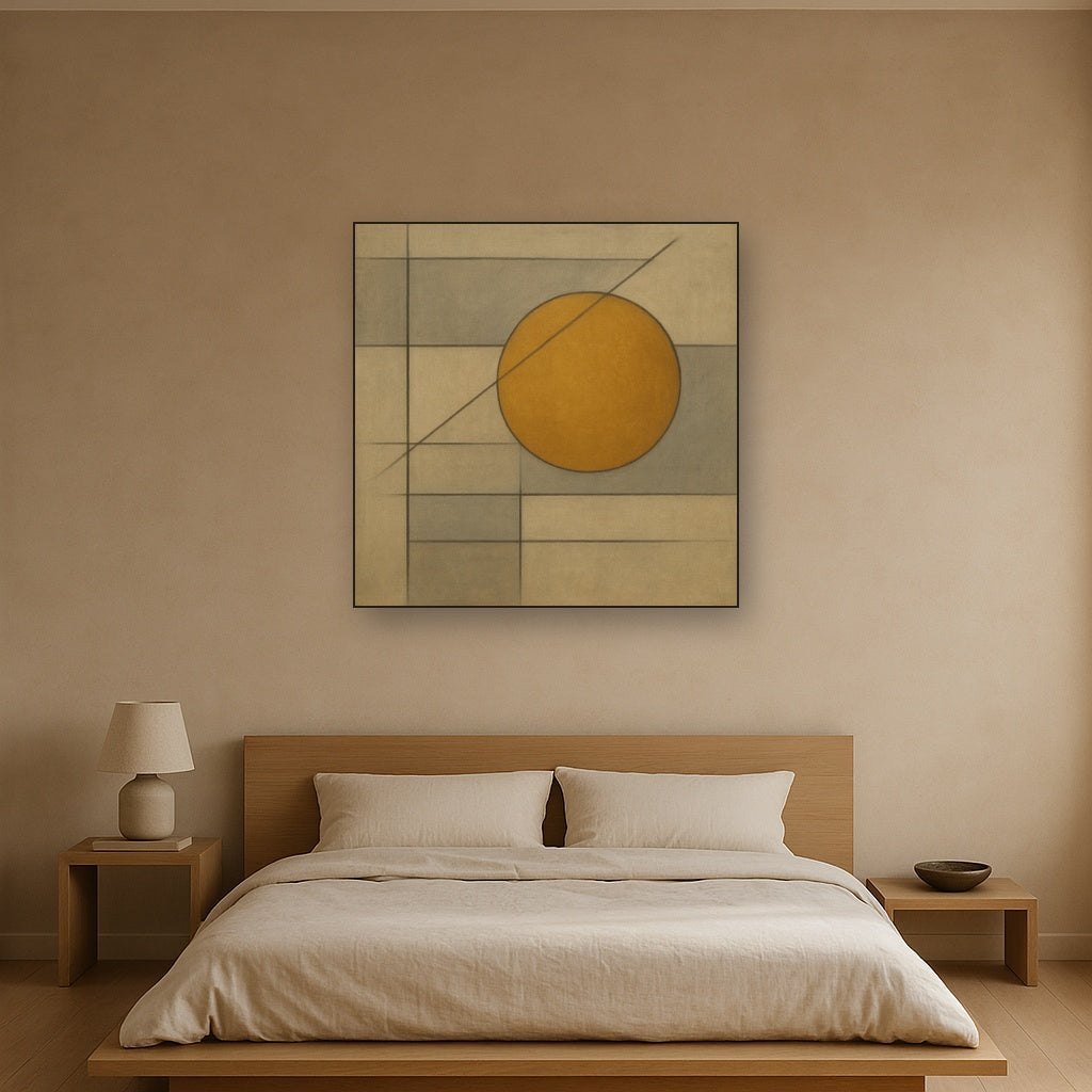 Abstract Tangent Lines & Earthy Ochre Disc No. 15 Oil Painting Staged Above Master Bed in Bedroom, Calming Neutral Hand Painted Oil Art