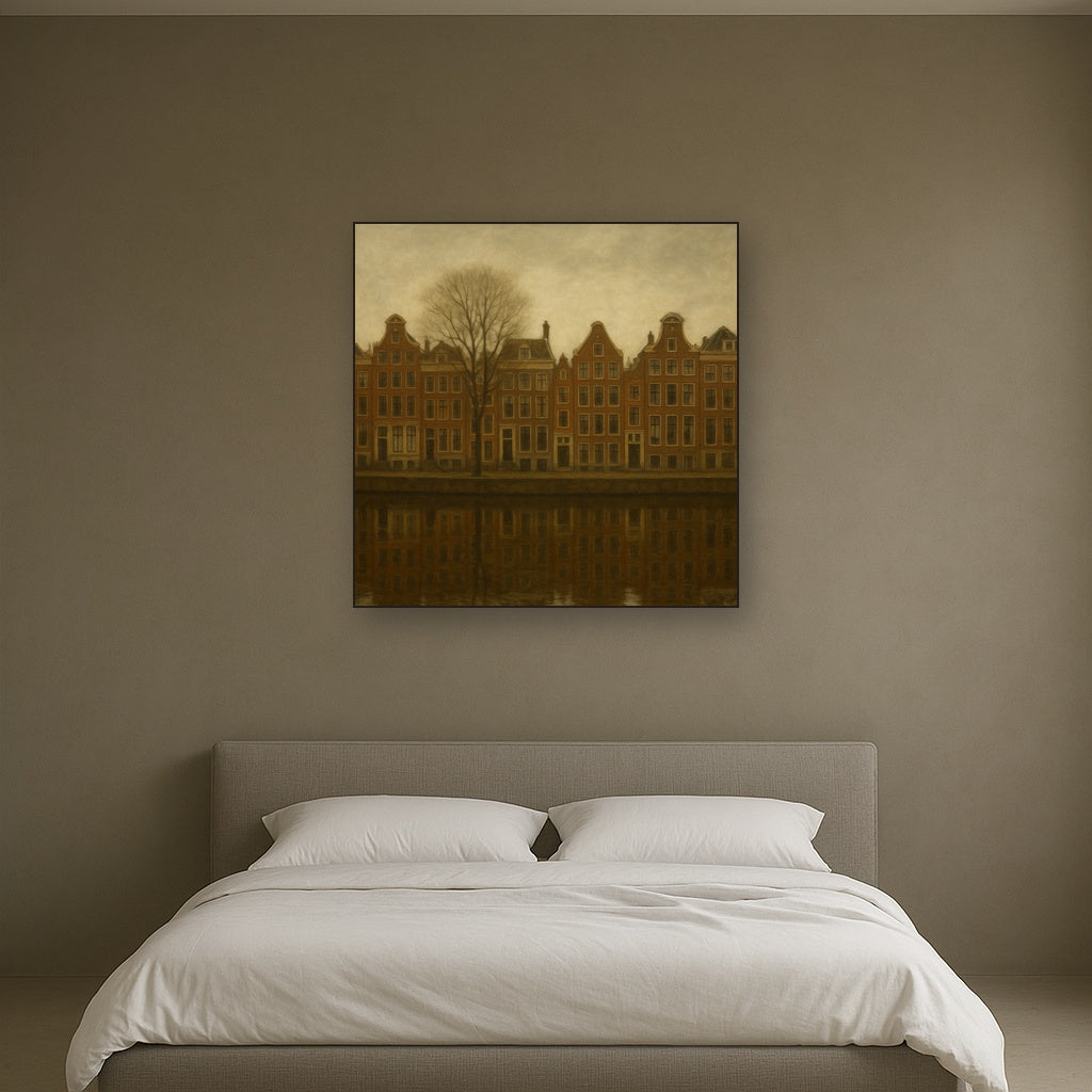 Amsterdam Canal Houses Under Overcast Sky No. 5 Oil Painting Staged Above Master Bed in Bedroom, Calming Neutral Hand Painted Oil Art