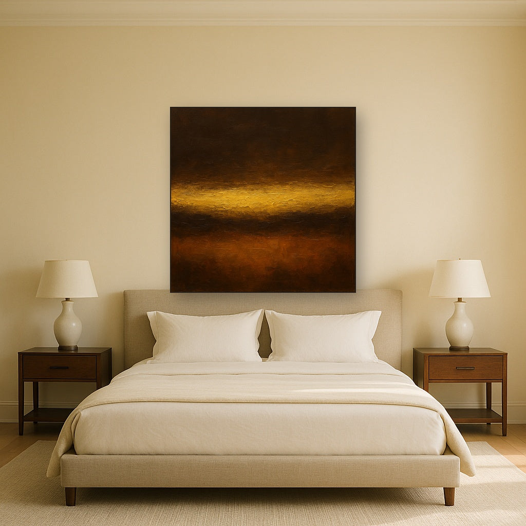 Espresso Velvet & Gilded Horizon No. 2 Oil Painting - Styled in Master Bedroom