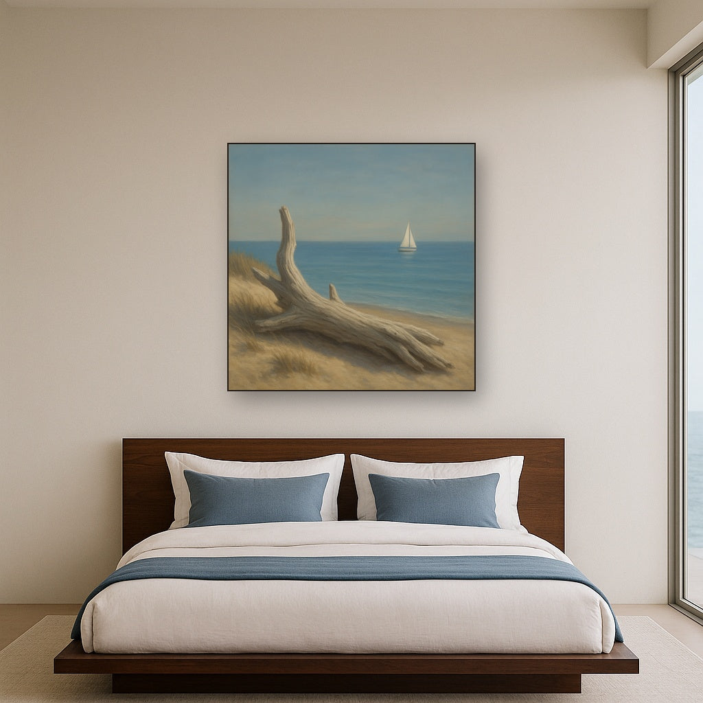 Sun-Bleached Driftwood & Distant Sailboat No. 8 Oil Painting - View 3