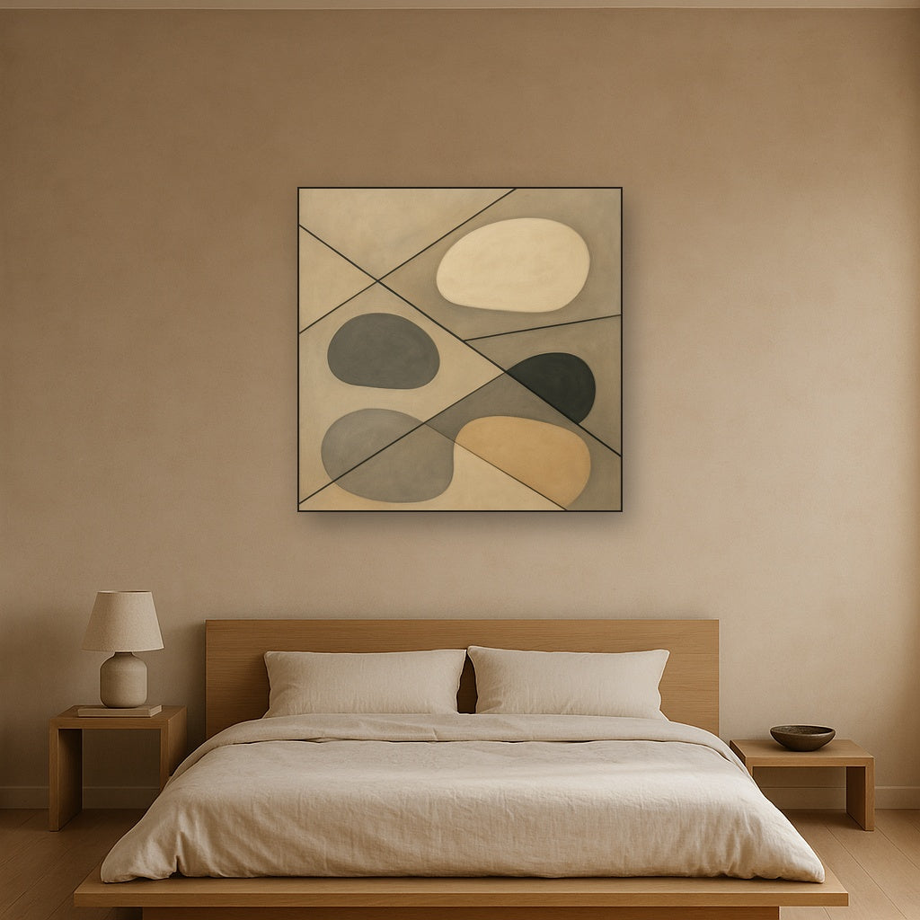 Organic Pebble Contours & Slanted Lines No. 18 Oil Painting Staged Above Master Bed in Bedroom, Calming Neutral Hand Painted Oil Art