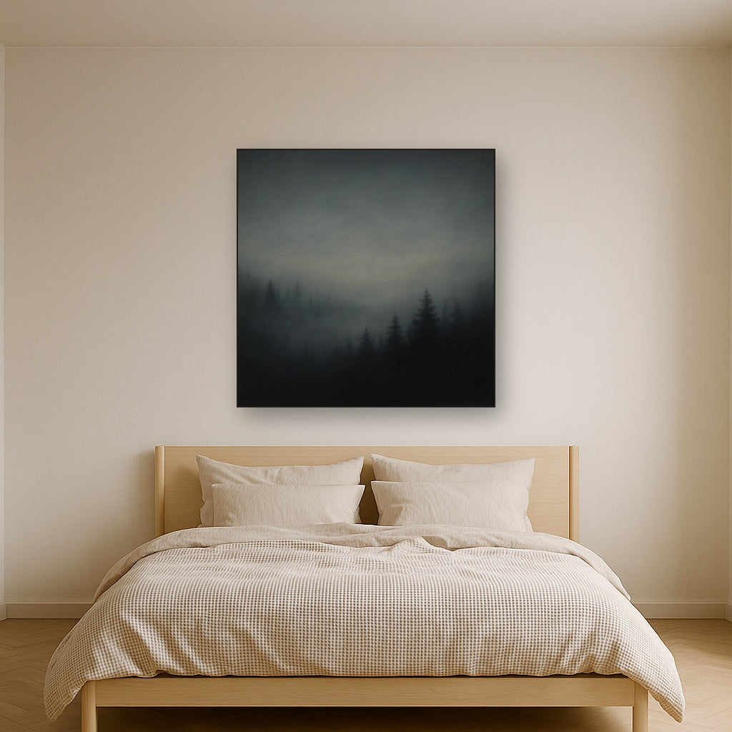 Dusk over Silent Pine Ridgeline in Charcoal Fog Oil Painting Staged Above Master Bed in Bedroom, Calming Neutral Hand Painted Oil Art