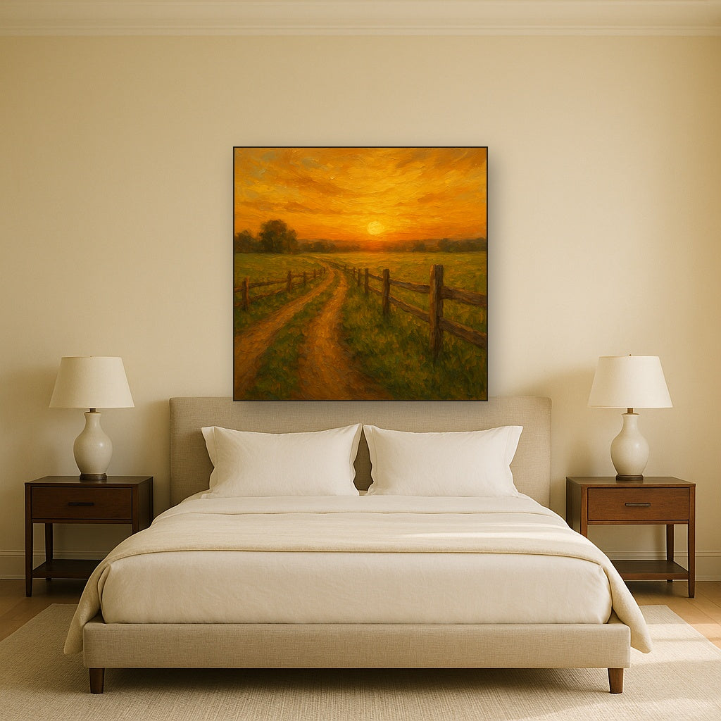 Golden Hour Country Lane & Fence No. 3 Oil Painting - Styled in Master Bedroom