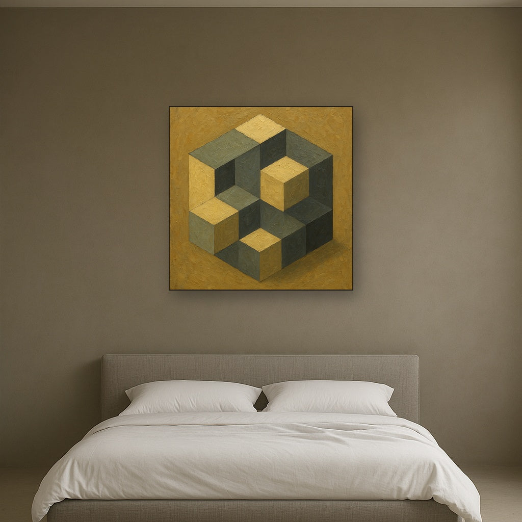 Isometric Modernist Cube Abstraction No. 5 Oil Painting - Styled in Master Bedroom