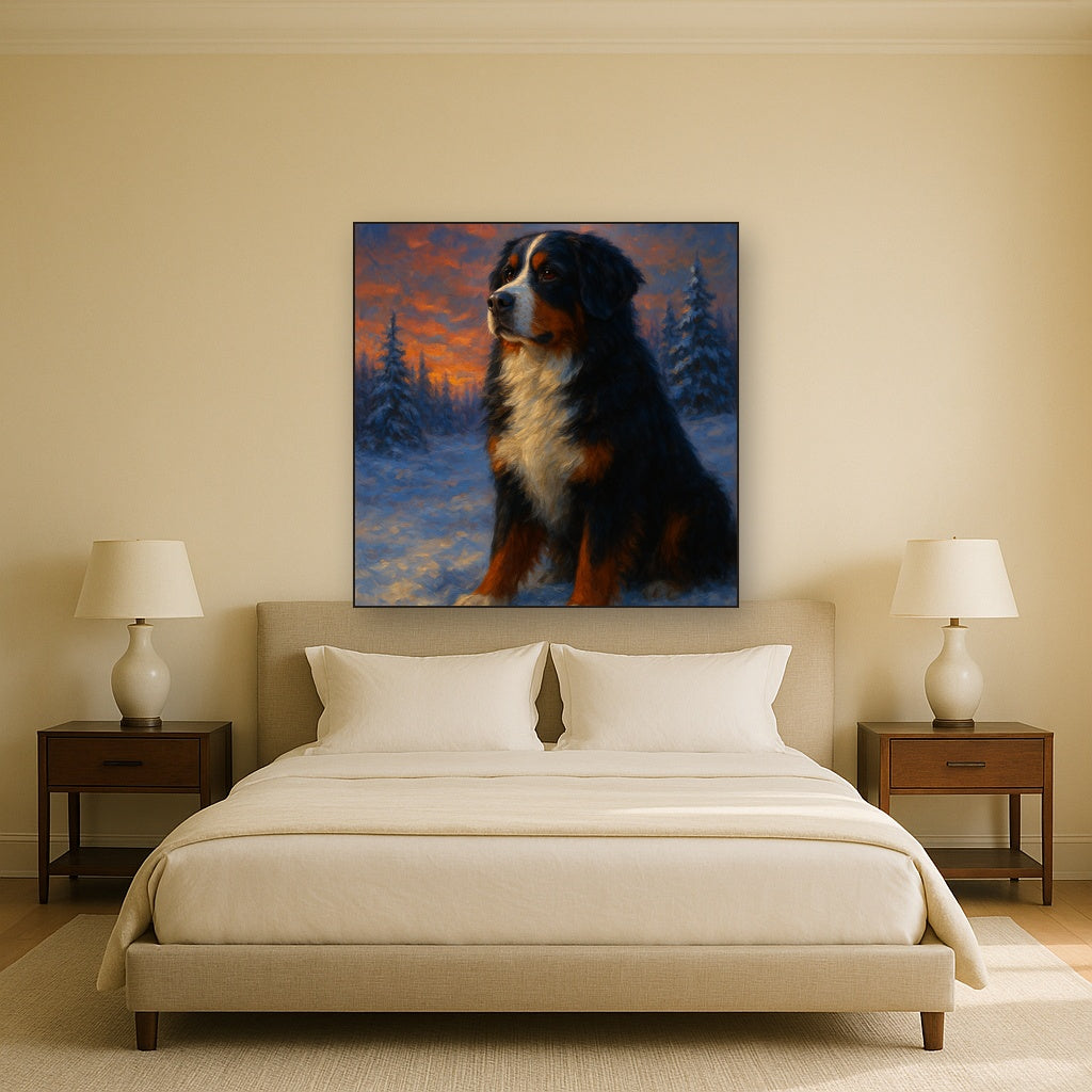 Bernese Mountain Dog in Winter Snowscape No. 13 Fine Art Oil Painting - View 3