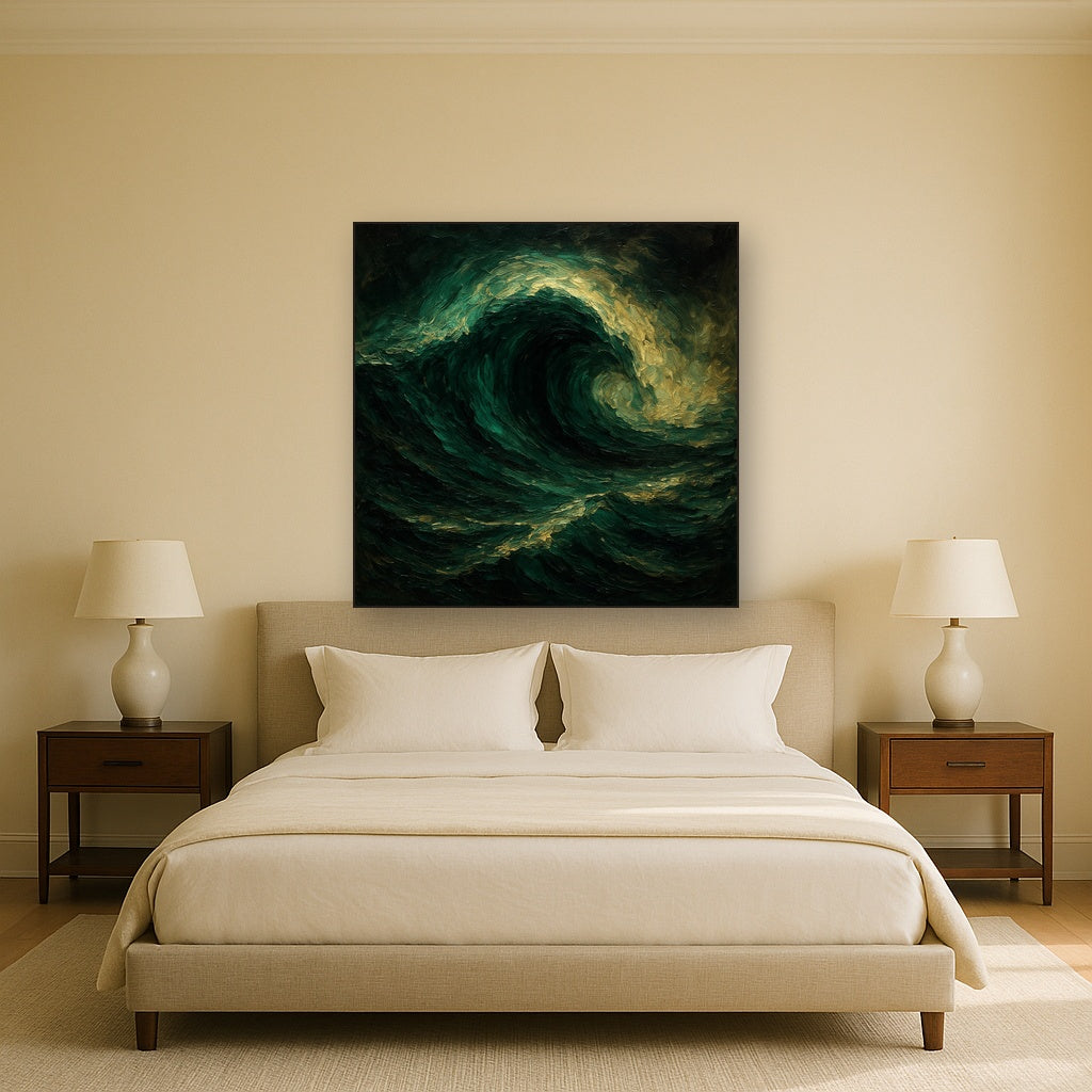 Deep Emerald & Obsidian Swell No. 5 Oil Painting - Styled in Master Bedroom