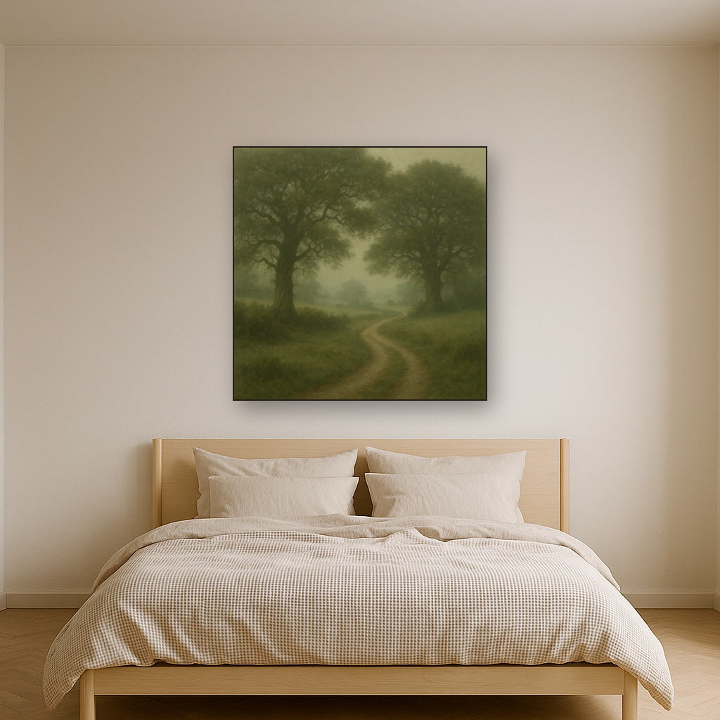 Misty English Countryside Lane No. 10 Oil Painting Staged Above Master Bed in Bedroom, Calming Neutral Hand Painted Oil Art