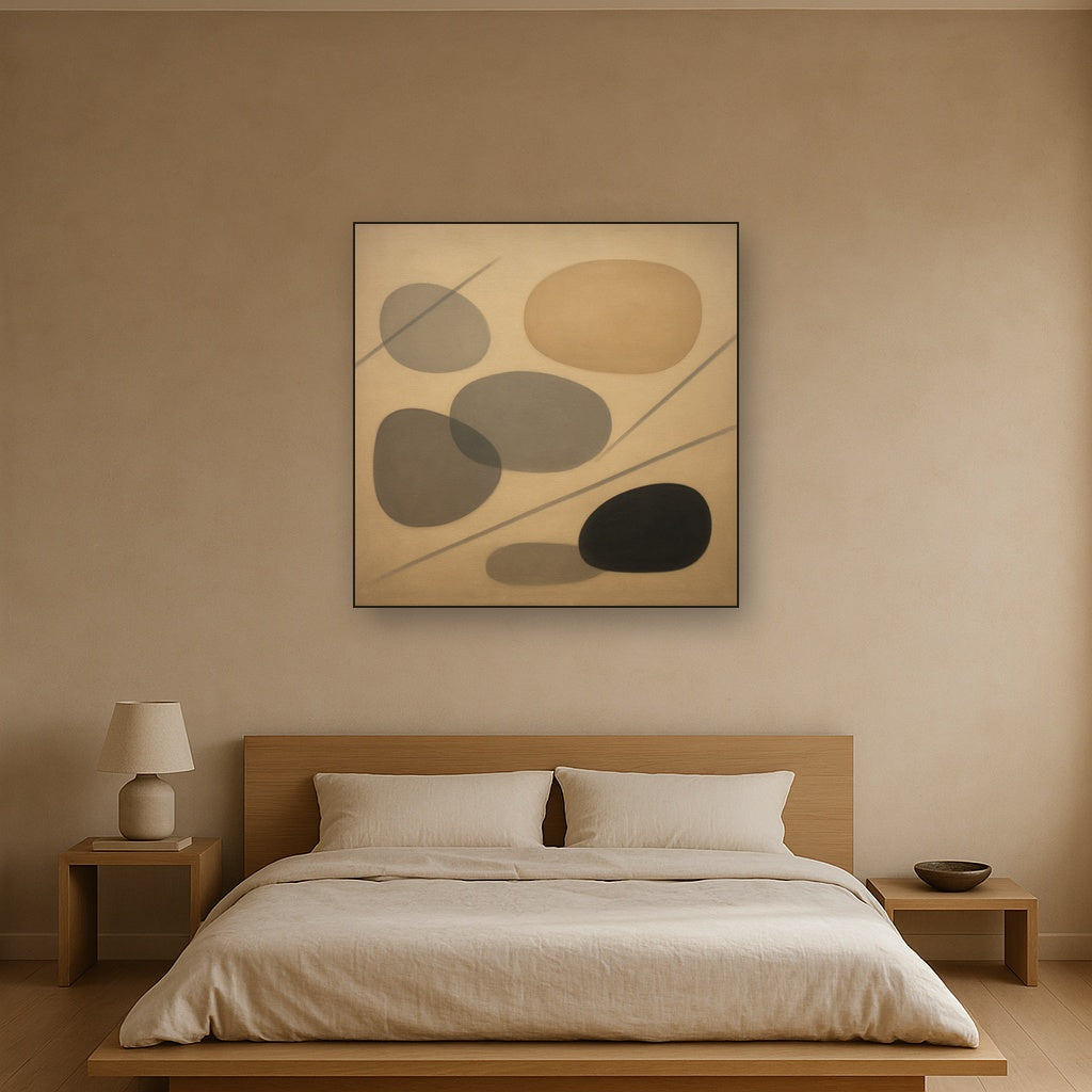 Organic Pebble Contours & Slanted Lines No. 21 Oil Painting Staged Above Master Bed in Bedroom, Calming Neutral Hand Painted Oil Art