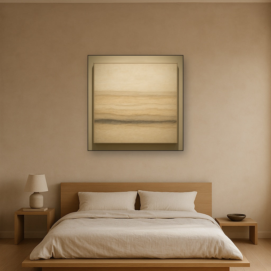 Raw Limestone Horizon & Washed Linen No. 11 Oil Painting Staged Above Master Bed in Bedroom, Calming Neutral Hand Painted Oil Art