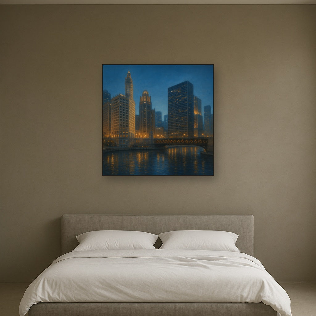 Chicago Riverfront Architecture at Blue Hour No. 9 Oil Painting - View 3
