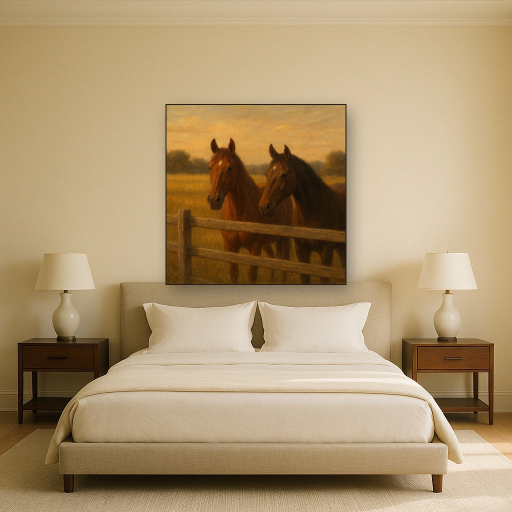 Two Horses at Rustic Post & Rail Fence No. 6 Oil Painting - View 3