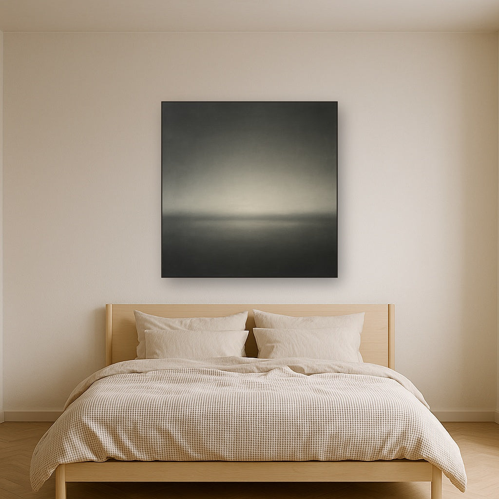 Monochrome Charcoal Drift & Soft Sfumato Horizon No. 4 Oil Painting Staged Above Master Bed in Bedroom, Calming Neutral Hand Painted Oil Art