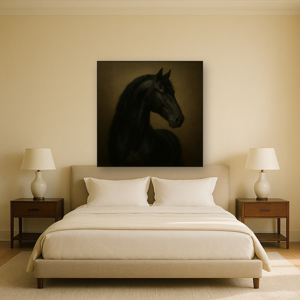 Dark Stallion Portrait in Classical Sfumato No. 18 Oil Painting Staged Above Master Bed in Bedroom, Calming Neutral Hand Painted Oil Art