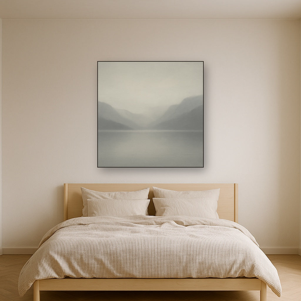 Misty Fjord Horizon in Monochromatic Slate No. 22 Oil Painting Staged Above Master Bed in Bedroom, Calming Neutral Hand Painted Oil Art