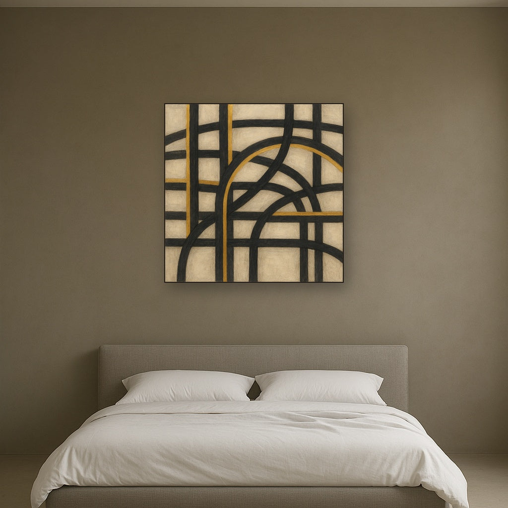 Abstract Woven Line Matrix in Charcoal & Gold No. 14 Fine Art Oil Painting - View 3