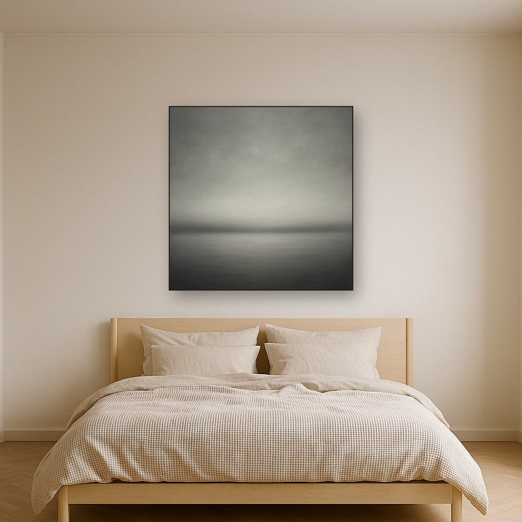 Monochrome Charcoal Drift & Soft Sfumato Horizon No. 12 Oil Painting Staged Above Master Bed in Bedroom, Calming Neutral Hand Painted Oil Art